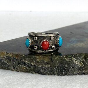VTG Sterling Silver 925 Southwest Style Turquoise Coral 3 Stone Wide Band Ring